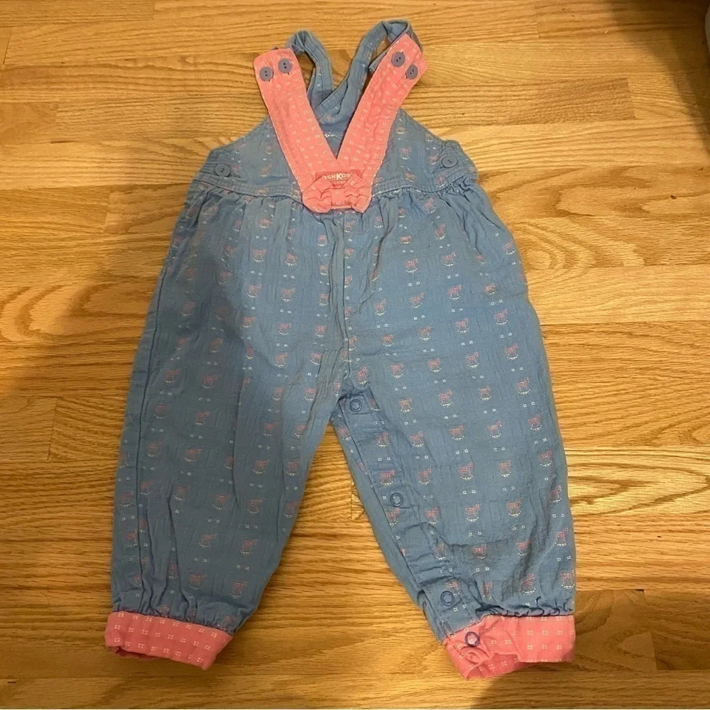 Vintage Oshkosh Denim Overalls Bow 24 mos Vestpak V-back Pink Made in USA